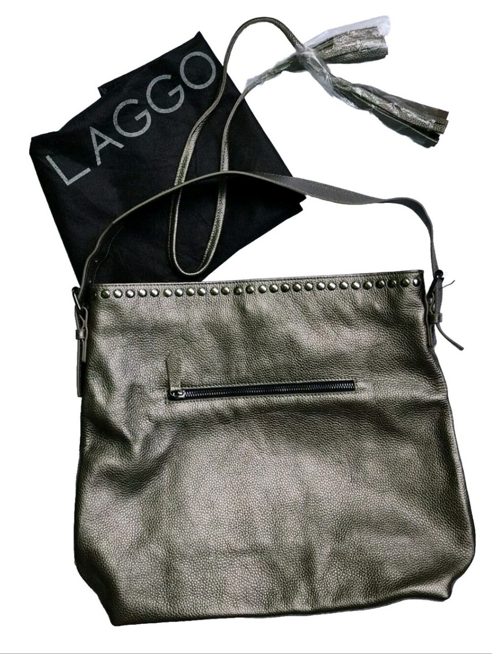 LAGGO Reed Purse Shoulder Bag Metallic Silver Pebbled Leather Studded Tote Hobo